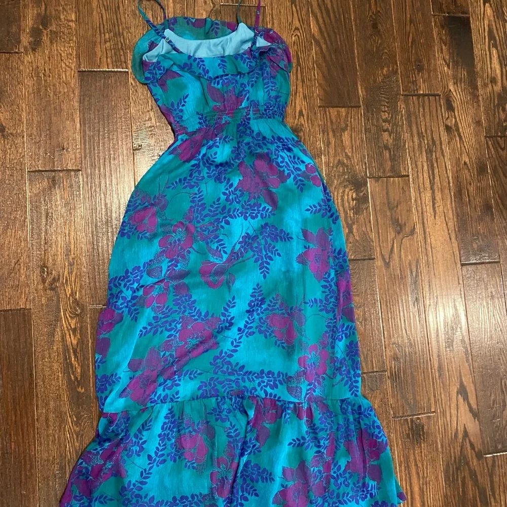 Express womens maxi dress with blue & purple floral print.  Adjustable straps. - Picture 3 of 4